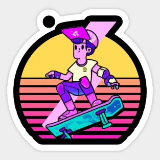 Cyberpunk Skateboarder With Retro Sunset Sticker